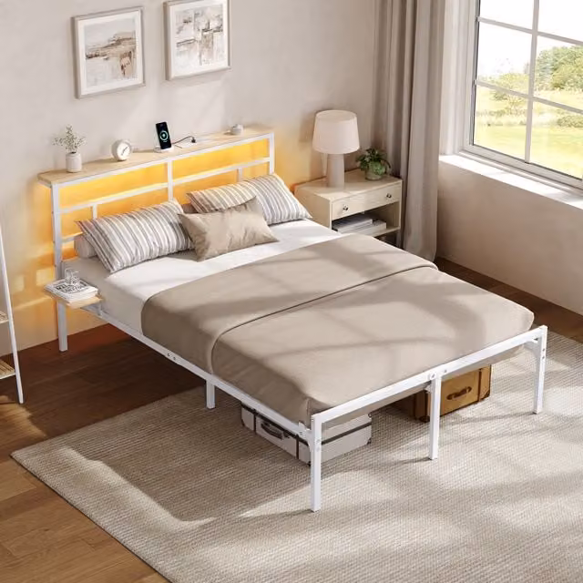 Yaheetech Metal Bed Frame with LED Headboard, Charging Station and Bedside Shelf, White, 180 x 200 cm