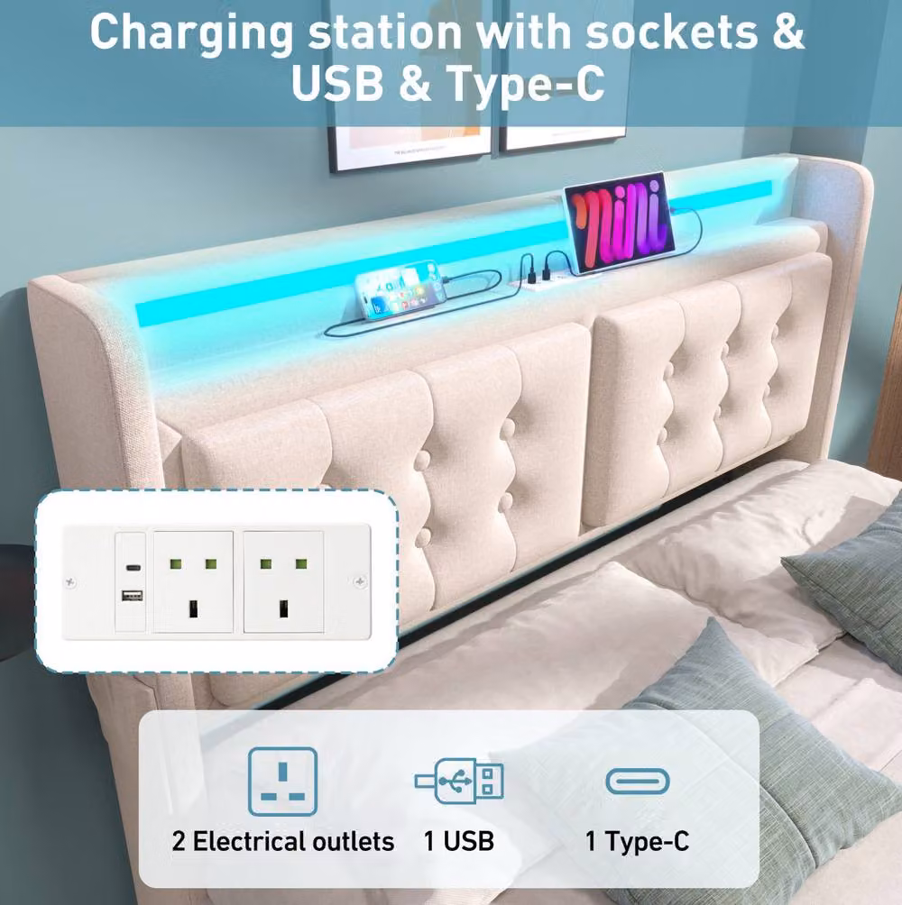STILVORA Upholstered Bed Frame with LED, USB Charging Port and Bedside Shelf, Beige, W/D/H: 140 x 200 x 135 cm – 5