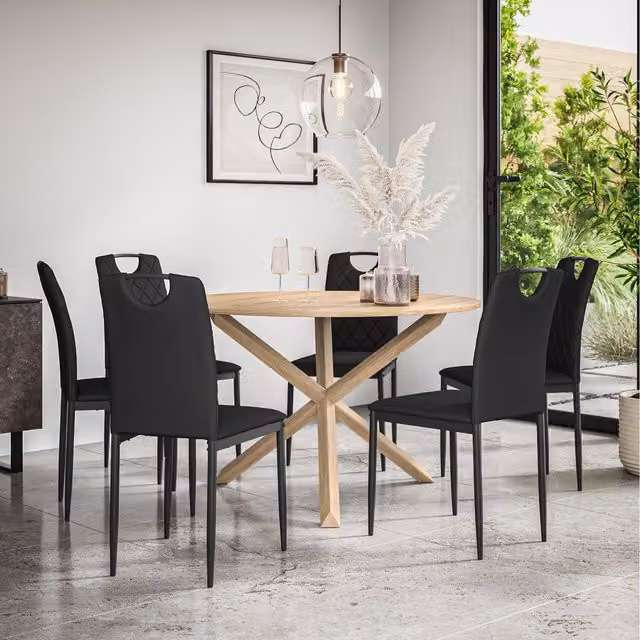 More4Homes Malvern Round Oak Effect Dining Table Set with 6 Chairs, Black, W/D/H: 120 x 120 x 75 cm