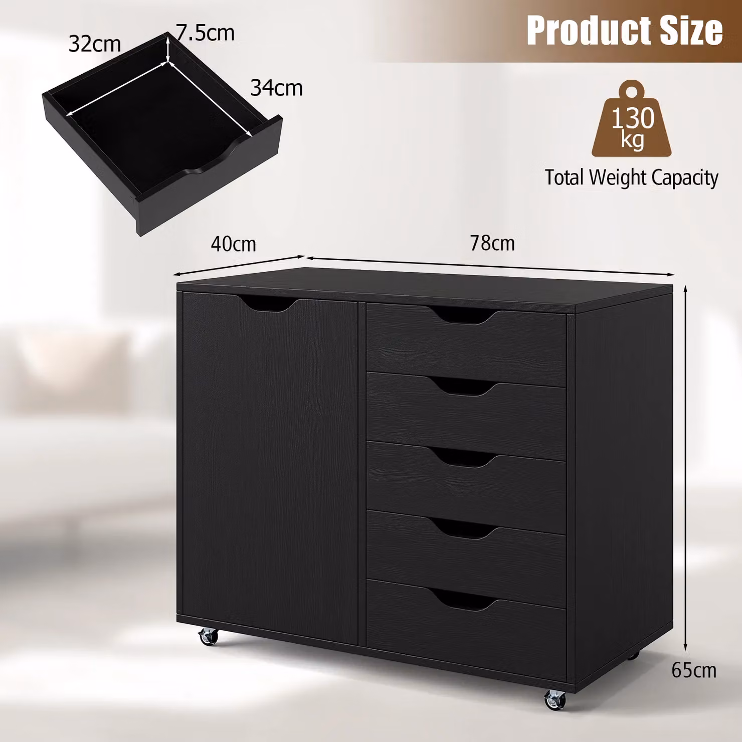 Costway Mobile 5-Drawer Chest of Drawers with Adjustable Shelf in Black – 2