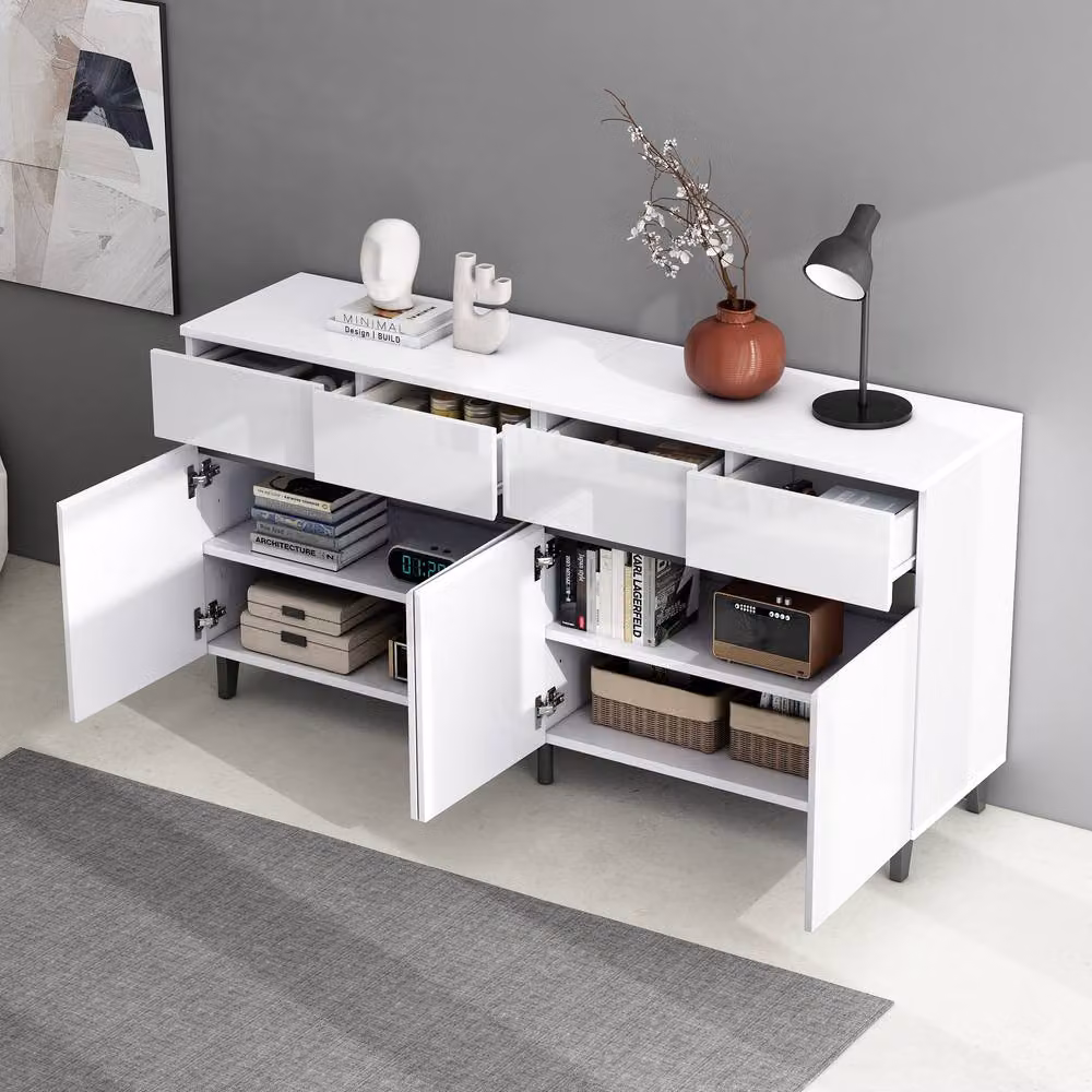 ModernLuxe White Glossy Sideboard Cabinet with 4 Drawers, 4 Doors and Adjustable Shelves, W: 160 cm, H: 68 cm, D: 40 cm – 3