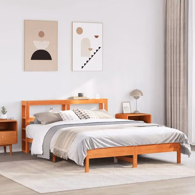 Berkfield Home Solid Wood Pine Bed Frame in Wax Brown, W: 135 cm, L: 190 cm