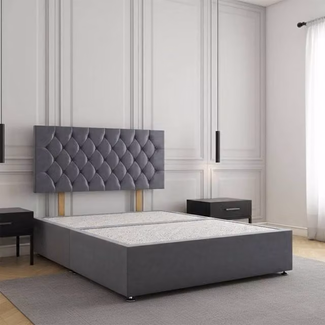 Regional Furnishings King Size Upholstered Plush Velvet Divan Bed with 24 inch Headboard in Charcoal Grey, W/D/H: 180 x 200 cm