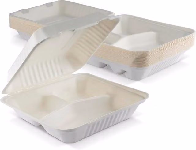ECONX 3 Compartment Disposable Bagasse Clamshell Takeaway Boxes with Dividers, White, Pack of 200