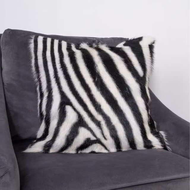 Native Natural Zebra Print Lambskin Cushion, Black and White, 45 cm