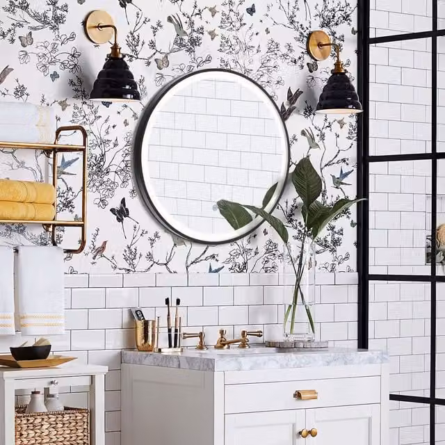 Livingandhome Round Anti-fog LED Wall Mirror in Black, Diameter: 80 cm