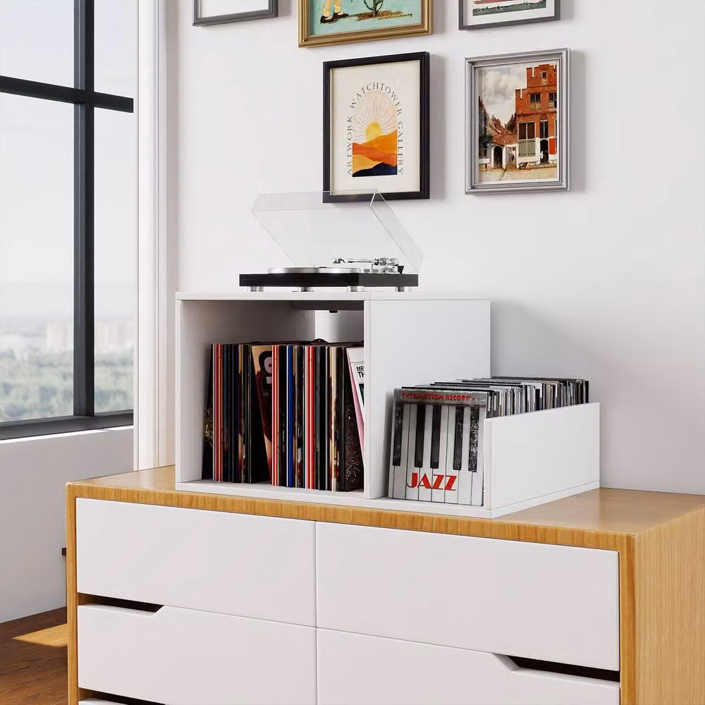 Gymax White Metal Turntable Stand with Power Outlet and Display Shelf – 2