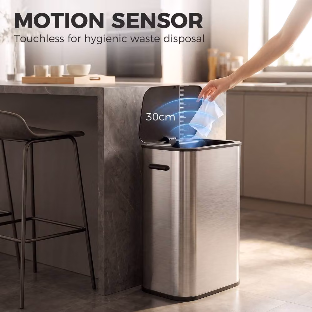 HOMCOM 55L Automatic Sensor Kitchen Bin with Soft Close Lid in Silver Stainless Steel – 3