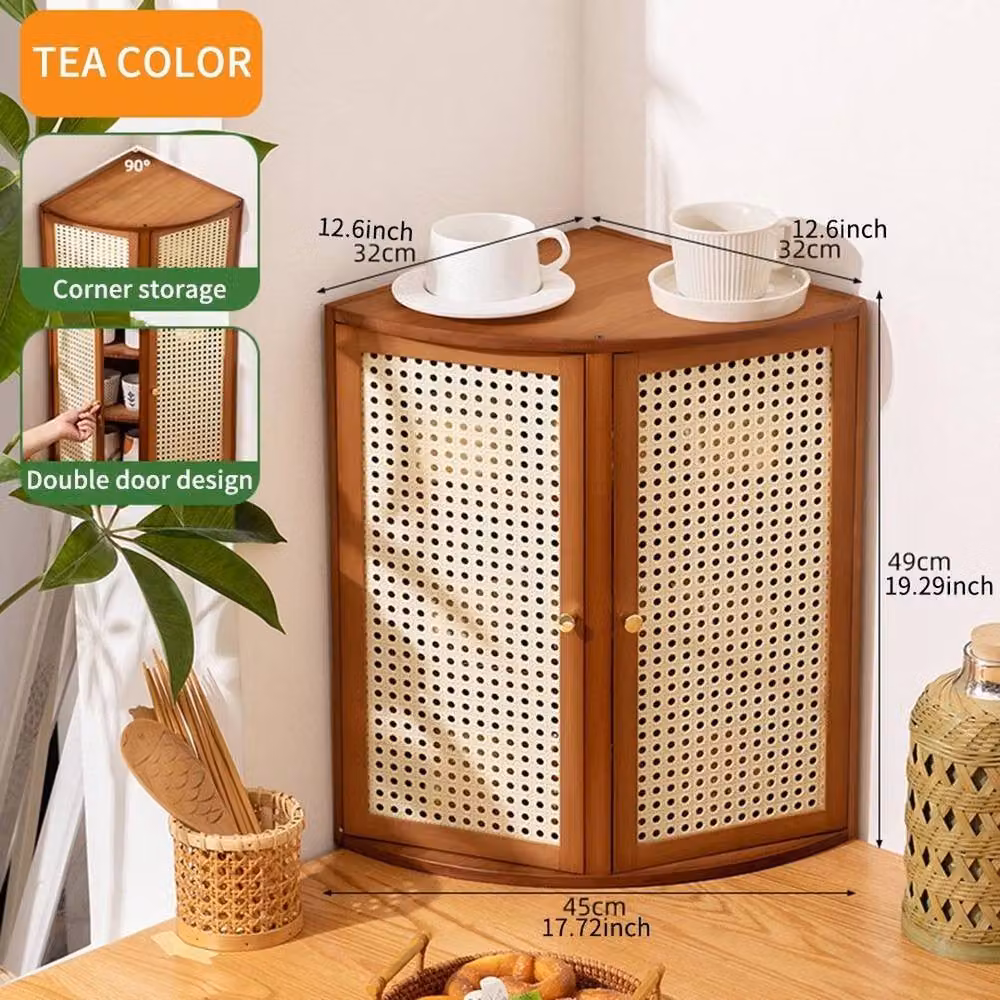 Kelvenix Brown Bamboo Corner Kitchen Cabinet with Plastic Rattan Reticulated Hinged Doors – 2