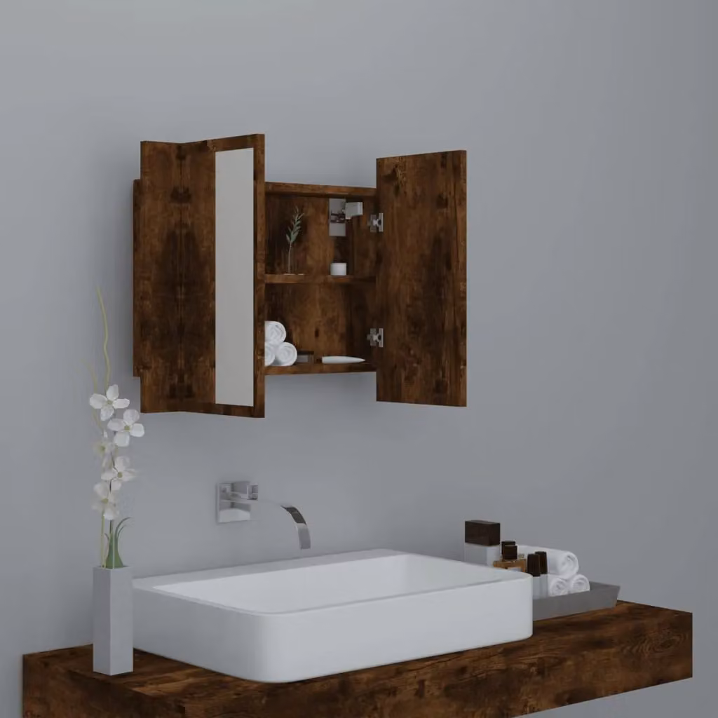 Berkfield Home LED Mirror Cabinet in Smoked Oak Brown, W/D/H: 60 x 12 x 45 cm – 3
