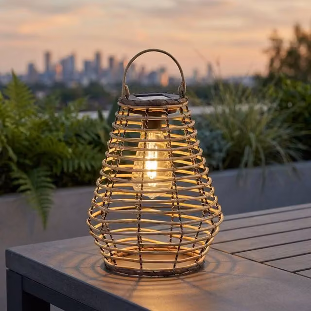Garden Greatness Lunaria Maris Solar Rattan Style Lantern in Beige, H 27.0 x W 21.0 x D 21.0 cm