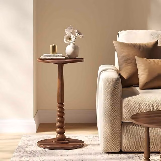 The Bazaarist Round Side Table in Chestnut Walnut with Solid Wood Legs, Diameter: 55 cm, Height: 30 cm
