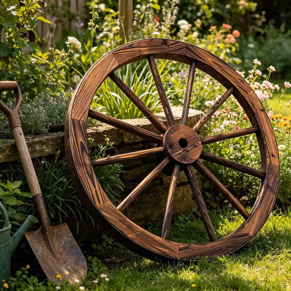 Gr8 Garden Rustic Wooden Wagon Wheel Garden Decor in Brown, Diameter: 90 cm – 5