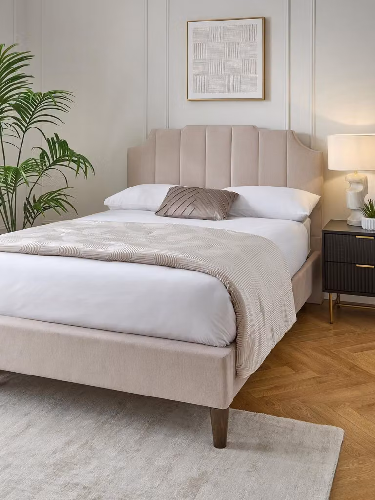 The Very Collection Art Deco Upholstered Bed in Sand Beige, W/D/H: 214 x 147 x 121 cm