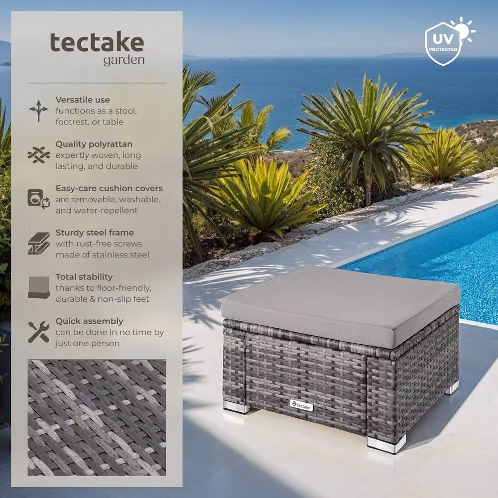 tectake Bitonto Rectangular Polyrattan Garden Footstool in Grey with Cushions – 2