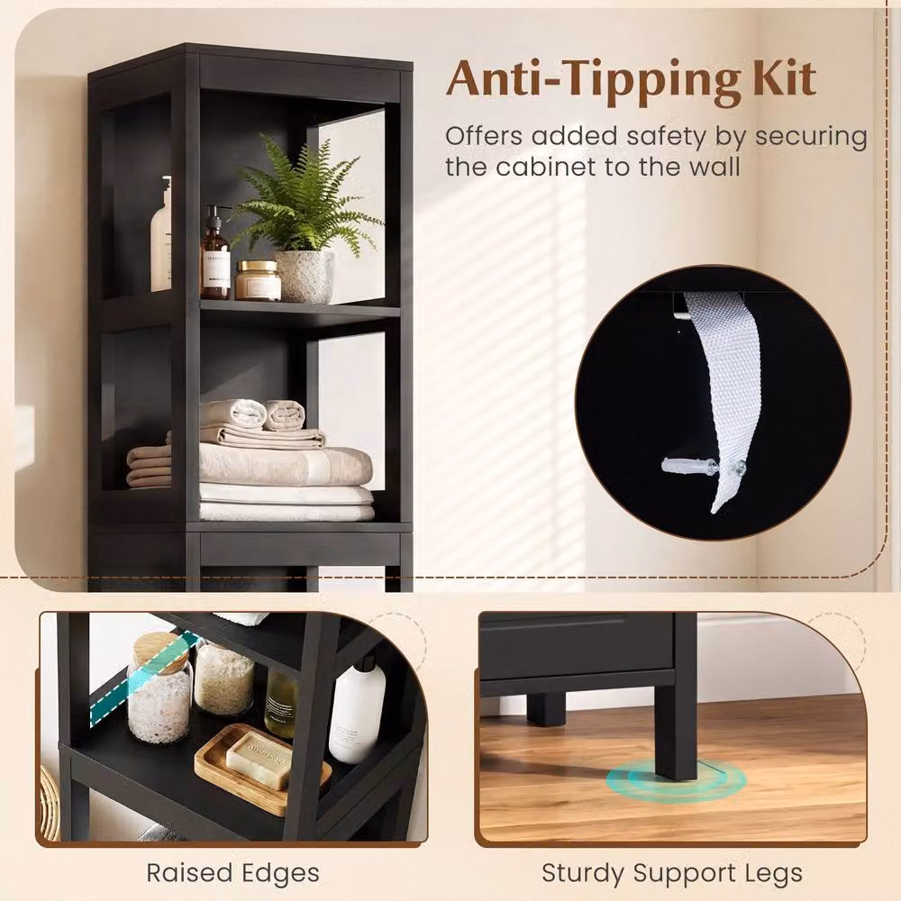 Costway Black Narrow Freestanding Bathroom Storage Cabinet with 2 Drawers and 3 Shelves – 6