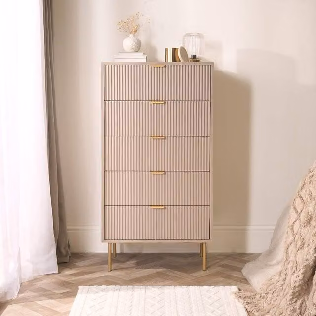OHS Ribbed 5-Drawer Engineered Wood Storage Cabinet in Sand