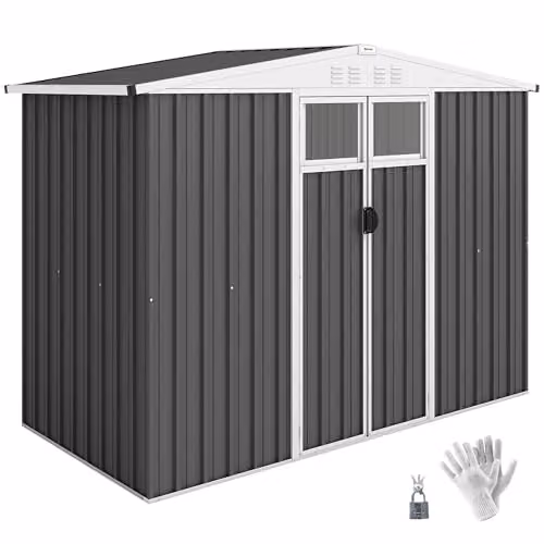 Outsunny Metal Garden Storage Shed in Dark Grey with Double Doors, Window and Lock, W/D/H: 246 x 117 x 161 cm