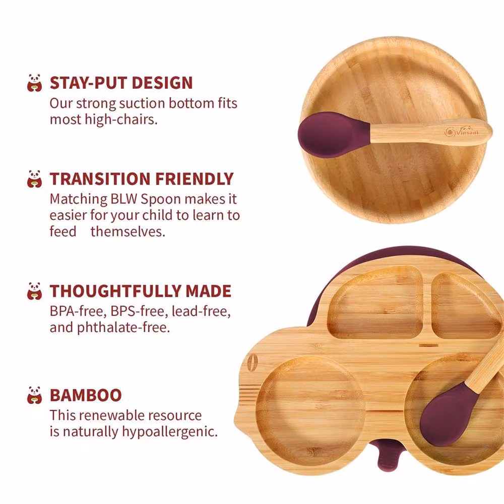 PAWNORA Red Bamboo Divided Plate, Bowl and Spoon Set – 2