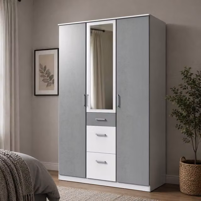 Click Modern 3 Door Wardrobe in White and Grey with Mirror, W: 135 cm