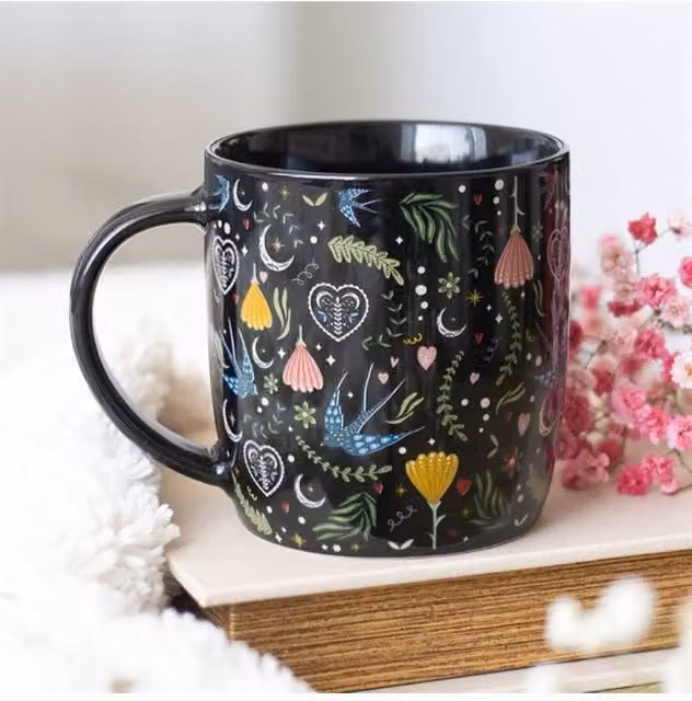 KDMD Black Midnight Bloom Floral Ceramic Mug, 350ml – 1