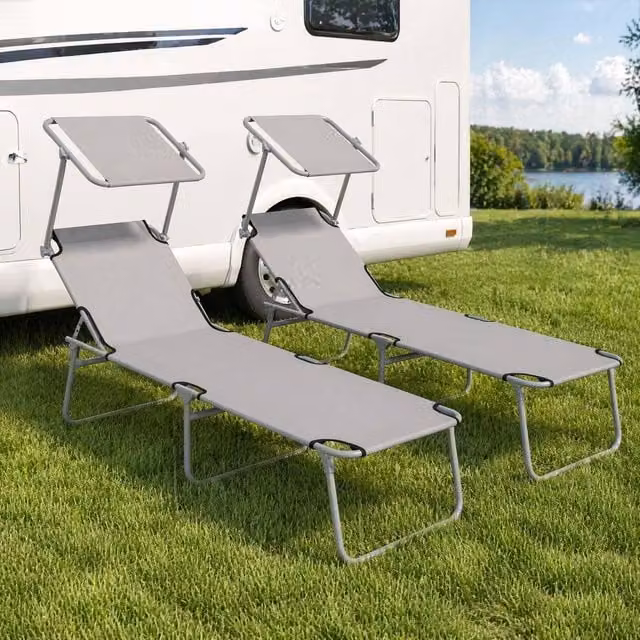STILVORA Set of 2 Grey Sun Loungers with Adjustable Backrest, Canopy and UV-Resistant Textilene Fabric – 1