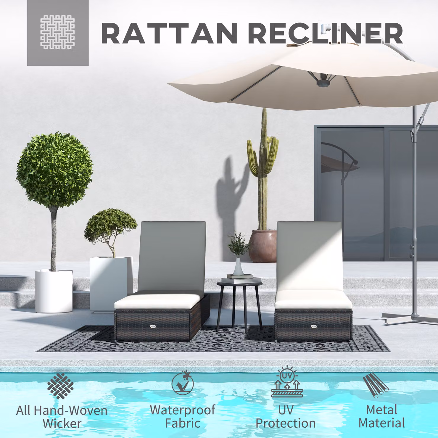 Outsunny Set of Two Brown Rattan Sun Loungers with Reclining Backs and Weatherproof Cushions – 3