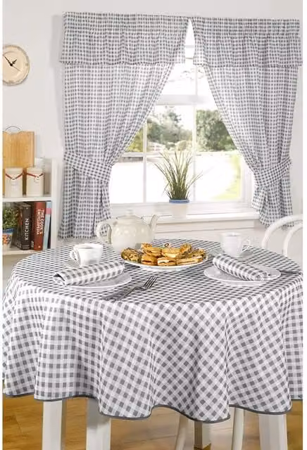 Emma Grey Checked Gingham Pencil Pleat Fabric Panel Curtains, Width: 137 cm