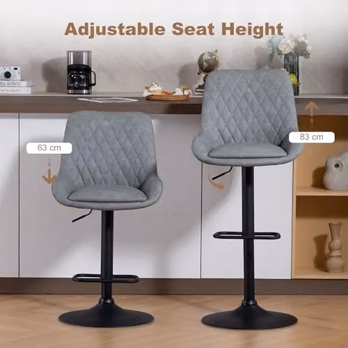 HOMCOM Set of 2 Swivel Bar Stools with Synthetic Leather Upholstery and Metal Base, Grey – 3