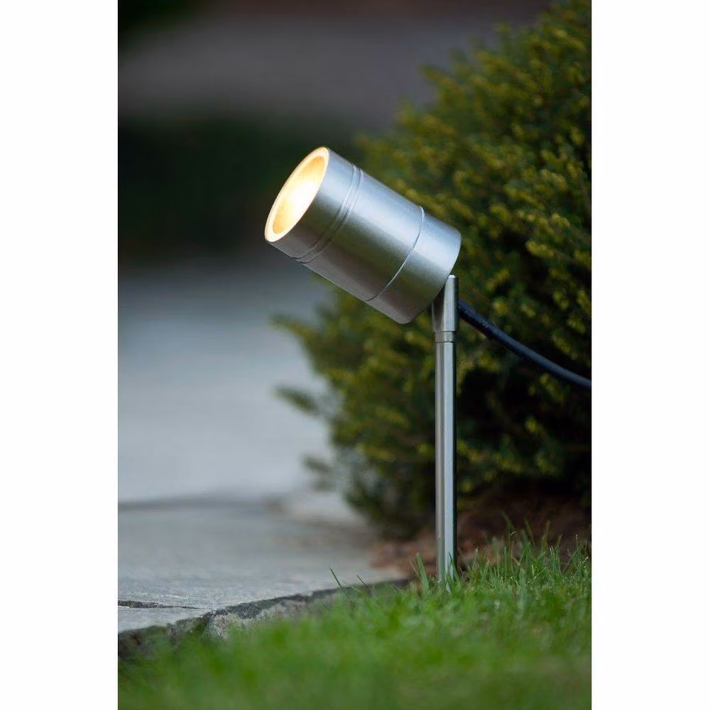 Lucide ArneLed Modern LED Garden Spike Spotlight in Satin Chrome and Grey, GU10 5W 2700K IP44 – 2