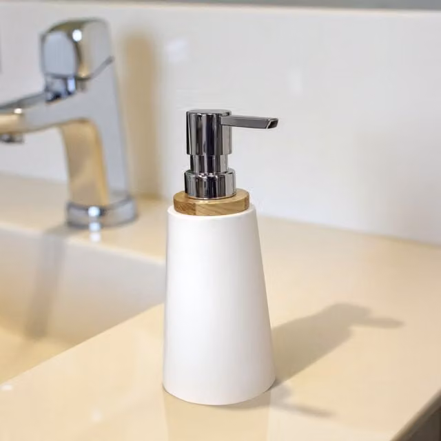 Showerdrape Sonata 4 Piece Freestanding Bathroom Accessory Set in White and Black Resin with Bamboo Details