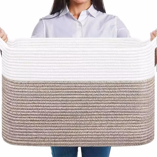 FLAVORA Large Cotton Storage and Laundry Basket in White and Brown, H: 55 cm x W: 38 cm x D: 30 cm – 1