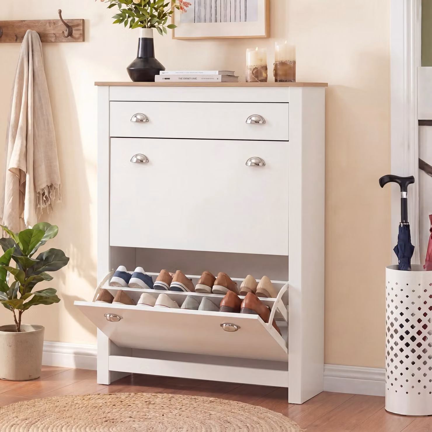 Modern White Slim Shoe Cabinet with 2 Doors and Internal Drawers