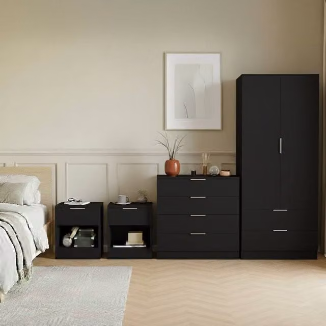 HD Designs Trega 4 Piece Black Bedroom Set including Two Bedside Tables, Four Drawer Chest and Wardrobe – 1