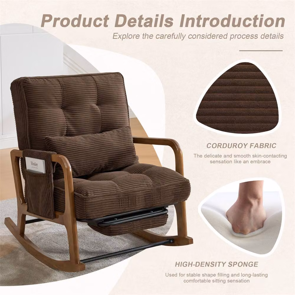 Direct Wicker Corduroy Upholstered Rocker Glider Chair with Footrest and Side Pocket in Dark Brown – 3