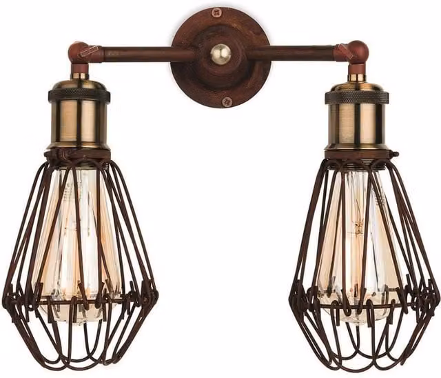 Firstlight Arcade Industrial 2 Light Metal Wall Cage Lantern in Brown and Grey with E27 Fitting