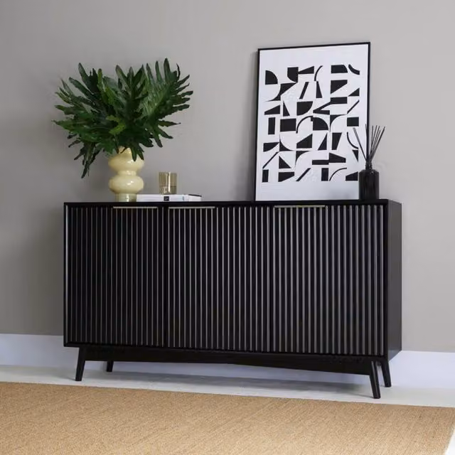 Home Garden Direct Monza 3 Door Sideboard in Black with Fluted Detailing and Mid-Century Design – 1
