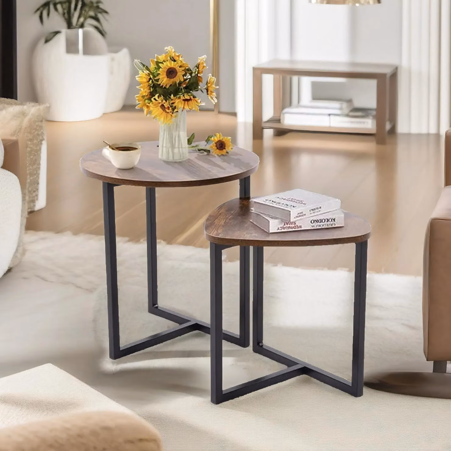 Pirlo Plush 2-Piece Nesting Tables in Industrial Rustic Brown with Round Wood and Metal Tops – 2