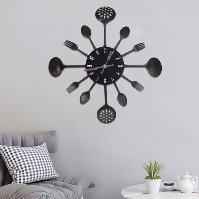 Berkfield Home Round Analog Wall Clock with Spoon and Fork Design in Black Metal, Diameter: 40 cm – 1