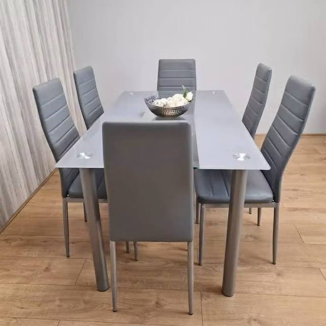 KOSY KOALA Modern Grey Glass Rectangular Dining Table Set with 6 Striped Chairs