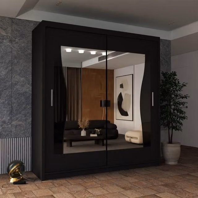 Sliding Wardrobes 4U Curved Mirror Sliding Door Wardrobe in Black, W/H: 120 x 217 cm