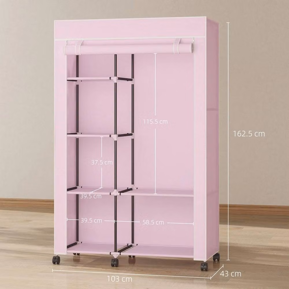 EONLION Portable Fabric Wardrobe in Pink with Internal Shelves and Hanging Rod, W: 100 cm – 2