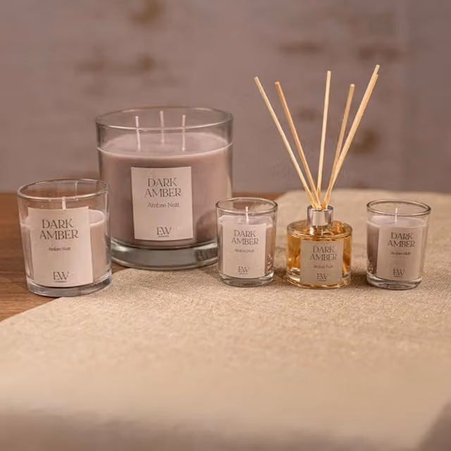 Marco Paul Dark Amber Scented Candle Set and Reed Diffuser in Beige and White