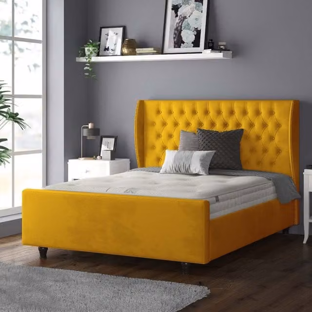 IH Design Chesterfield Upholstered Velvet Bed Frame in Yellow, W/D/H: 140 x 200 cm