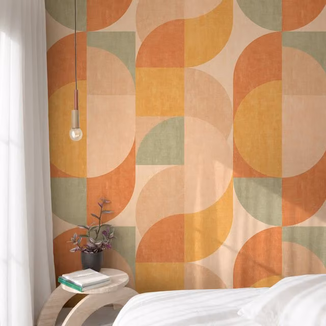 Badia Retro Geometric 3 Lane Repeatable Wallpaper Mural in Orange, Pink and Green
