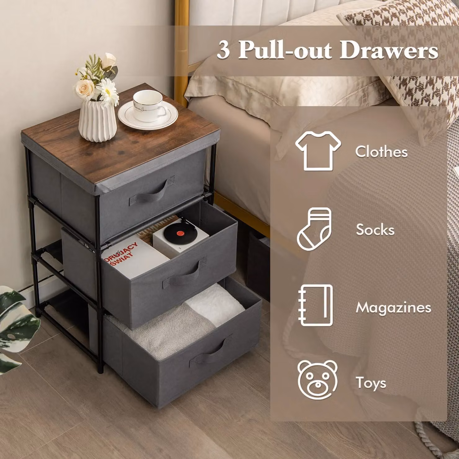 Gymax 2 Pack 3-Tier Fabric Dresser Nightstand Organiser Unit with 3 Drawers in Grey – 7