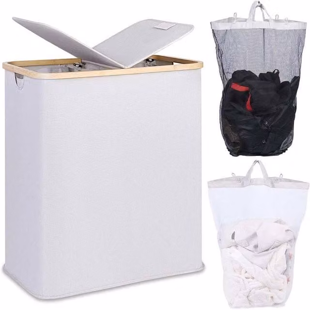 VOGREX 140L Double Laundry Basket with Lid and 2 Removable Bags in Light Grey
