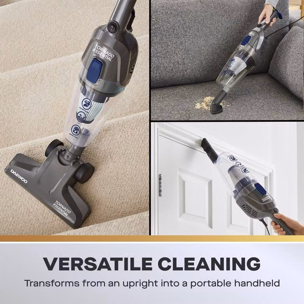 Daewoo Tornado Essential 600W 2-in-1 Bagless Corded Stick Vacuum Cleaner in Grey with HEPA and Washable Filter – 2