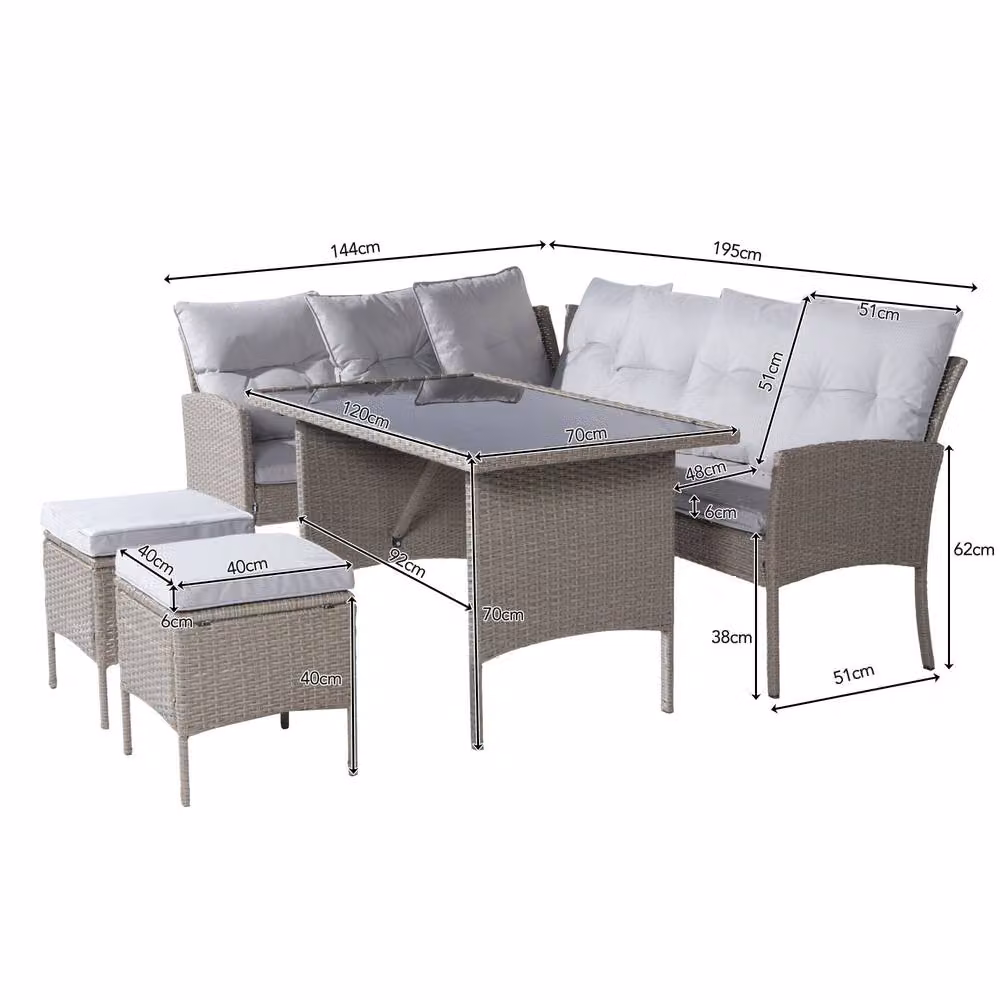 Direct Wicker 6-7 Seater Outdoor Corner Sofa Set with Table and Stools in Khaki and Beige – 2