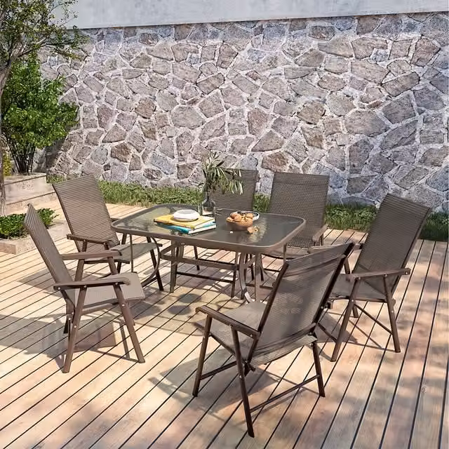 Livingandhome Brown Rectangular Tempered Glass and Metal Bistro Set with 1 Table and 6 Folding Chairs